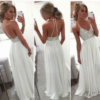 Simlple white v neck chiffon long pom dress ,white evening dress - Thumbnail 1