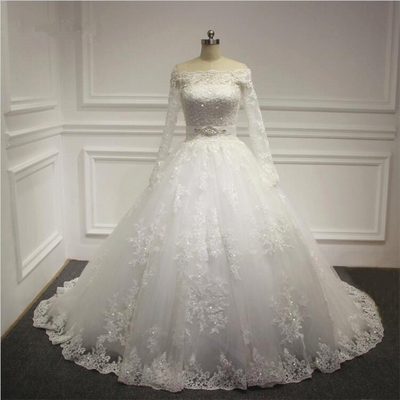 A-line off shoulder long sleeves lace wedding dress 