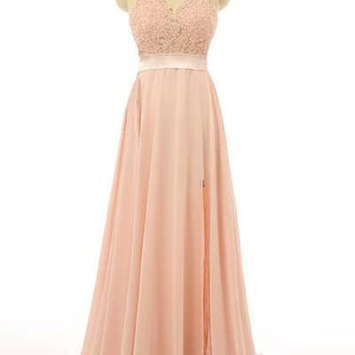 Beautiful light pink halter chiffon slit prom dress, pink prom dress 2017, slit evening dress