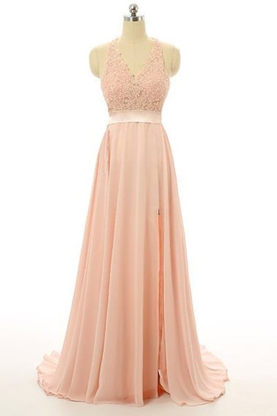 Beautiful Light Pink Halter Chiffon Slit Prom Dress, Pink Prom Dress 2017, Slit Evening Dress