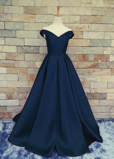 Simple dark blue off shoulder long  prom dress,formal dress