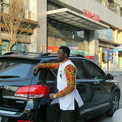 Kente & white cotton men's long sleeve shirt men's african clothing men's wear