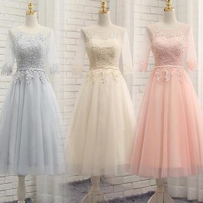 Cute tea length tulle and lace applique party dresses, short sleeve prom dresses, prom dress 2017
