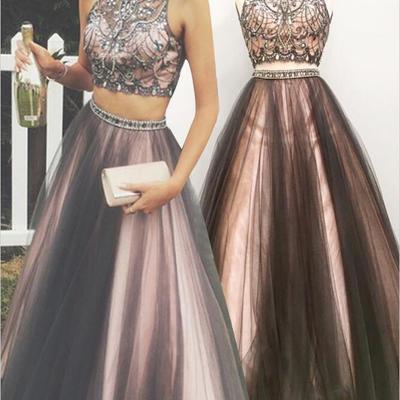 Beaded two piece prom dress,coffee tulle prom dress