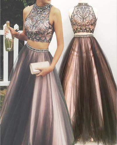 Beaded Two Piece Prom Dress,Coffee Tulle Prom Dress