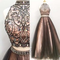 Beaded Two Piece Prom Dress,Coffee Tulle Prom Dress - Thumbnail 1
