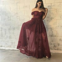 Burgundy  lace of shoulder long prom dress, burgundy evening dress - Thumbnail 1
