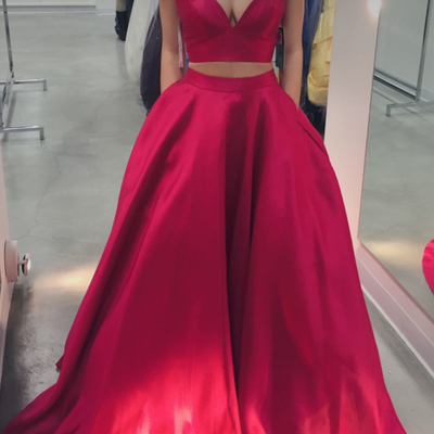 Red 2 pieces long prom dress,red evening dress