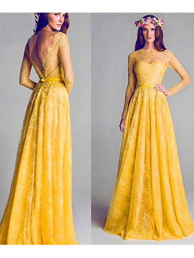 lace long prom dresses, A-line Floor-length Lace Prom Dresses Evening Dresses MK095