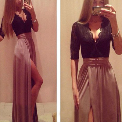 Half sleeve prom dress, sheath v-neck floor-length tulle prom dress evening dress mk264