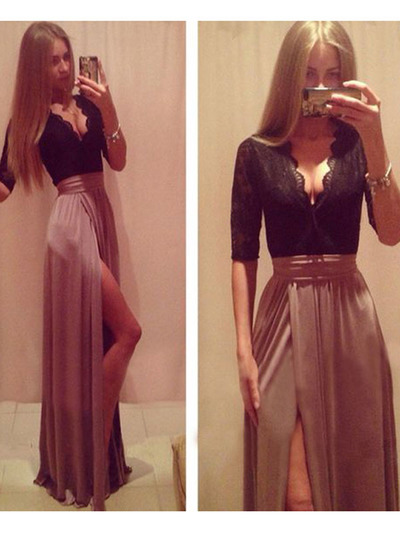 half sleeve prom dress, Sheath V-neck Floor-length Tulle Prom Dress Evening Dress MK264