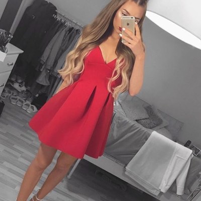  Cute red v neck short prom dress,red homecoming dresses