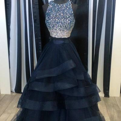 Dark blue  sequins tulle long prom dress,evening dresses