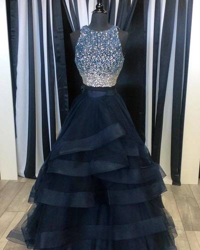 Dark blue  sequins tulle long prom dress,evening dresses