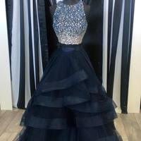 Dark blue  sequins tulle long prom dress,evening dresses - Thumbnail 1