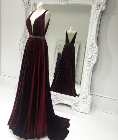 Burgundy v neck long prom dress,burgundy formal dresses