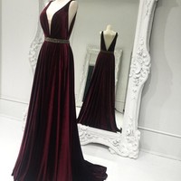 Burgundy v neck long prom dress,burgundy formal dresses - Thumbnail 1