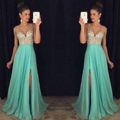Sexy beaded prom dress,full length v-back prom dress,slit beading graduation dress