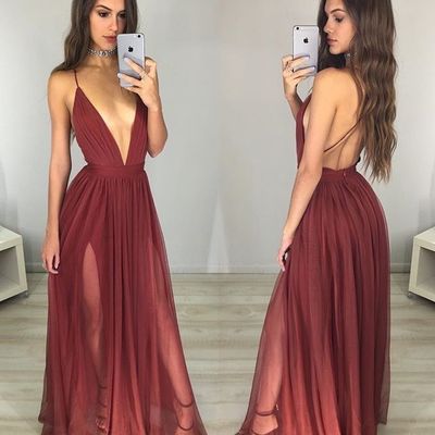 Sexy burgundy prom dress,full length open back prom dress,spaghetti straps burgundy graduation dress