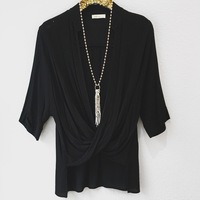 Black Twisted Hi-Lo Top with Collar - Thumbnail 1