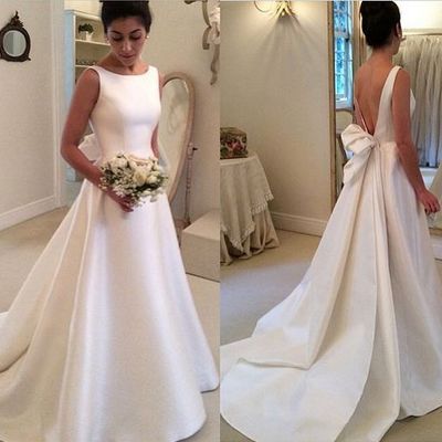Simple white satin long prom dress,wedding dresss