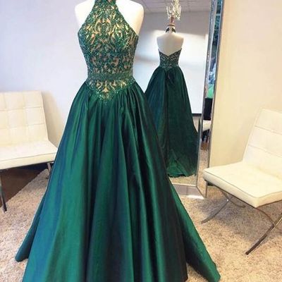 Elegant halter green satin long prom dress with lace beading ,green evening dresses