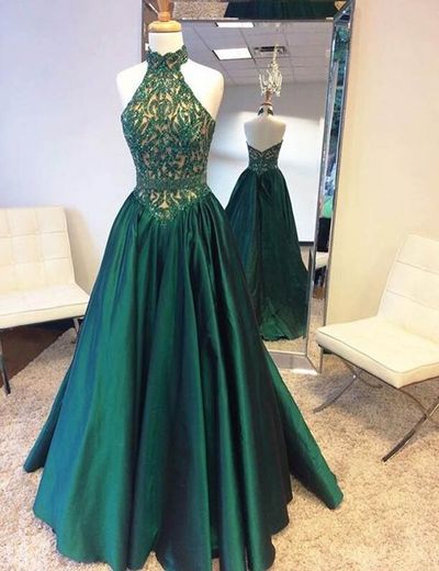 Elegant halter green satin long prom dress with lace beading ,green evening dresses