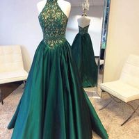 Elegant halter green satin long prom dress with lace beading ,green evening dresses - Thumbnail 1