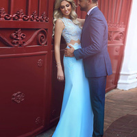 Mermaid light blue lace long prom dress,2 pieces evening dresses - Thumbnail 1