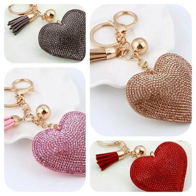 Heart keychain with tassle- sequin/crystal heart keychain- sweetheart keychain- valentine gift key chain - gold keychain - purse charm