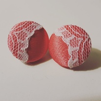Pink Satin and White Lace Button Earrings