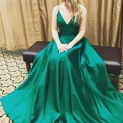 Fashion green v neck long prom dress,green evening dresses