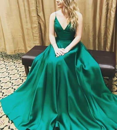 Fashion green V neck long prom dress,green evening dresses