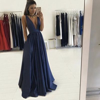 Simple dark blue  v neck long prom dress,blue evening dresses