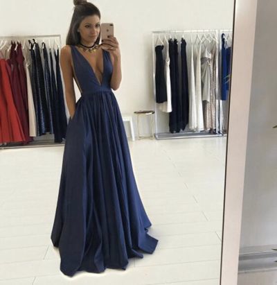 Simple dark blue  V neck long prom dress,blue evening dresses