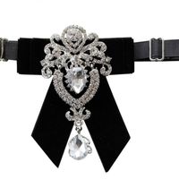 Black Or Burgundy Velvet Rhinestone Dangle Wedding Men Pre Tied Bow Tie Neck Tie - Thumbnail 3