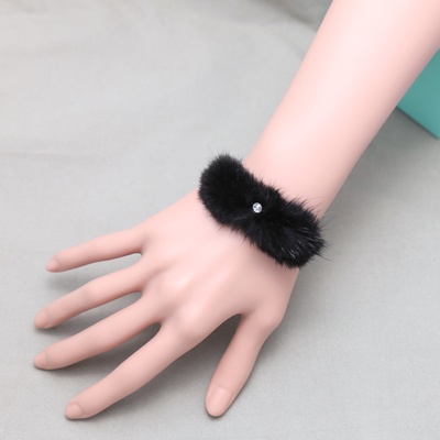 18k gold plate pom ball black fur rhinestone crystal bracelet bangle cuff