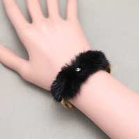 18K Gold Plate Pom Ball Black Fur Rhinestone Crystal Bracelet Bangle Cuff - Thumbnail 1
