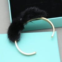 18K Gold Plate Pom Ball Black Fur Rhinestone Crystal Bracelet Bangle Cuff - Thumbnail 4