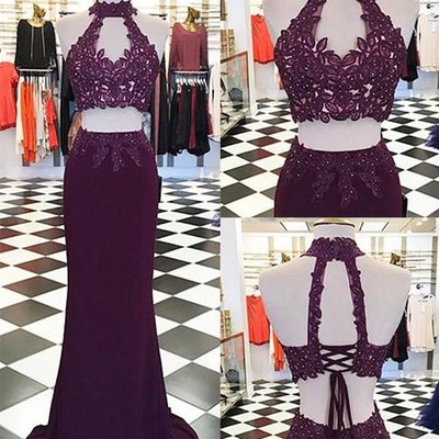 Burgundy two pieces lace long prom dress,burgundy  evening dress