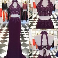 Burgundy two pieces lace long prom dress,Burgundy  evening dress - Thumbnail 1