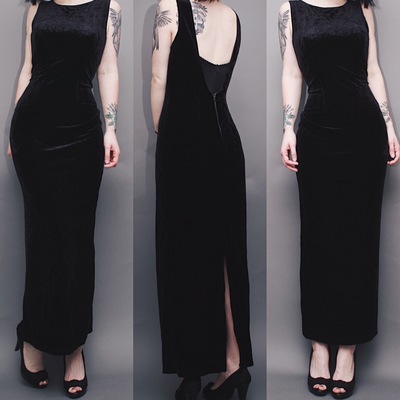 Available - vintage 80s black velvet "morticia" maxi dress with plunging back