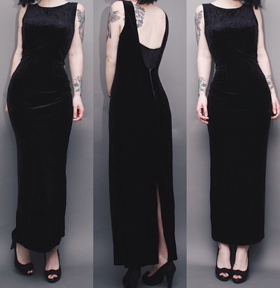 AVAILABLE - Vintage 80s Black Velvet "Morticia" Maxi Dress with Plunging Back