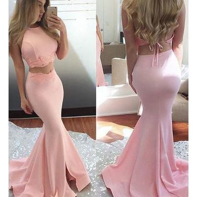 Pink 2 pieces lace prom dress,pink evening dress