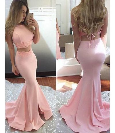 pink 2 pieces lace prom dress,pink evening dress
