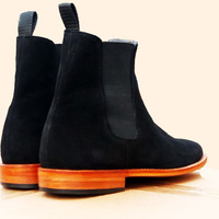 Handmade Chelsea Navy Blue Ankle High Suede Leather Boots - Thumbnail 4