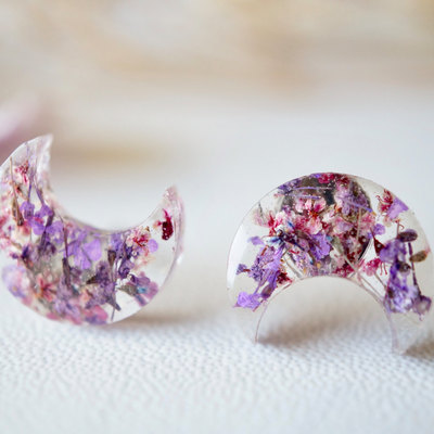 Real dried flowers and resin moon stud earrings in purples