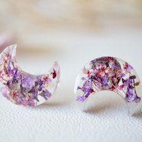 Real Dried Flowers and Resin Moon Stud Earrings in Purples