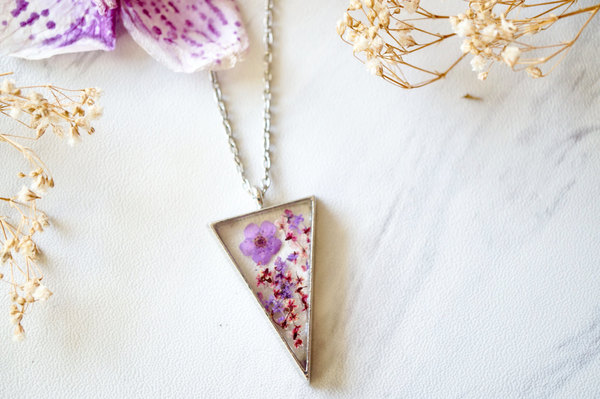 Real Pressed Flower and Resin Necklace Silver Triangle in Purple and Magenta