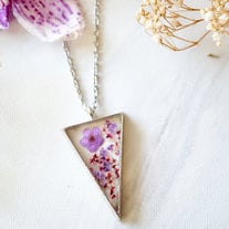 Real Pressed Flower and Resin Necklace Silver Triangle in Purple and Magenta
